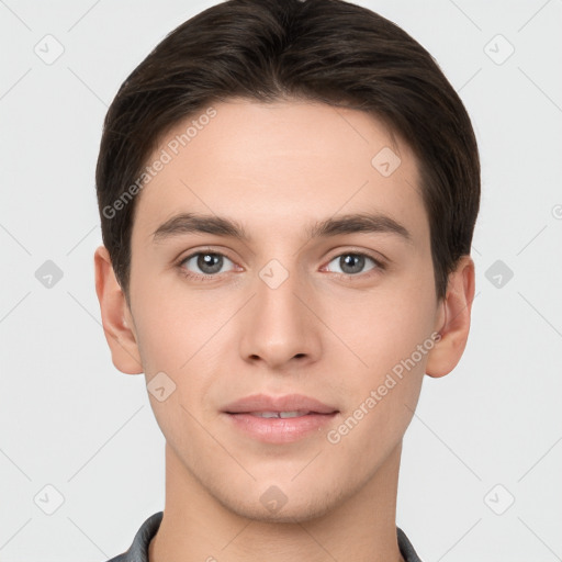 Neutral white young-adult male with short  brown hair and brown eyes