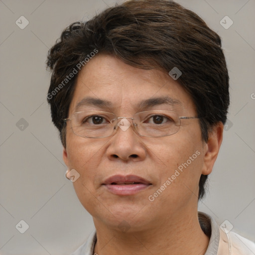 Joyful white adult female with short  brown hair and brown eyes