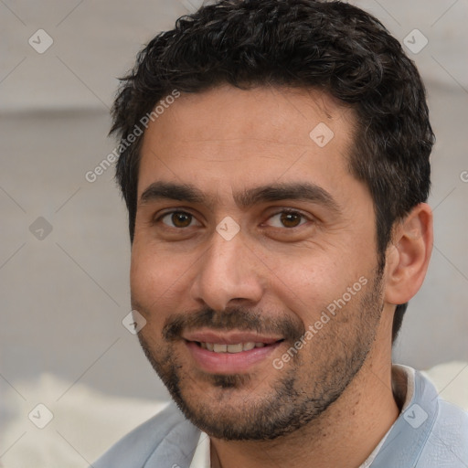 Joyful white young-adult male with short  black hair and brown eyes