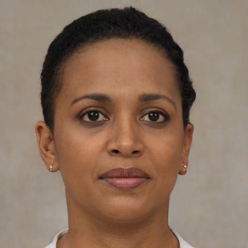 Joyful black young-adult female with short  brown hair and brown eyes