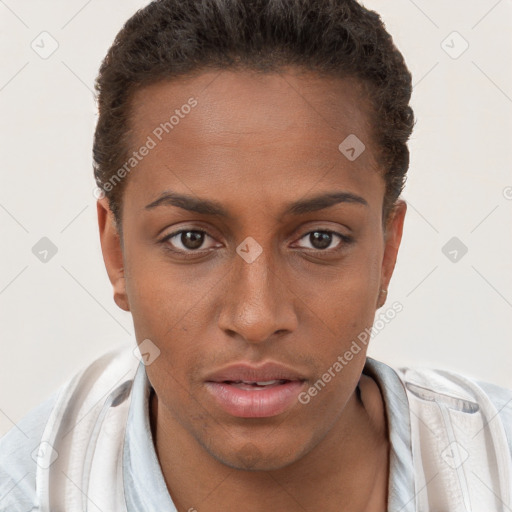 Neutral black young-adult female with short  brown hair and brown eyes