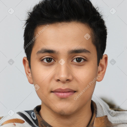 Neutral latino young-adult male with short  brown hair and brown eyes