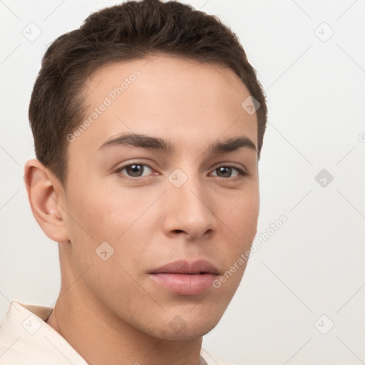 Neutral white young-adult male with short  brown hair and brown eyes