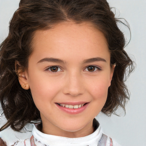 Joyful white child female with medium  brown hair and brown eyes