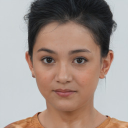 Neutral white young-adult female with short  brown hair and brown eyes