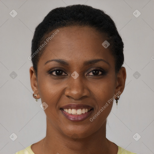 Joyful black young-adult female with short  brown hair and brown eyes