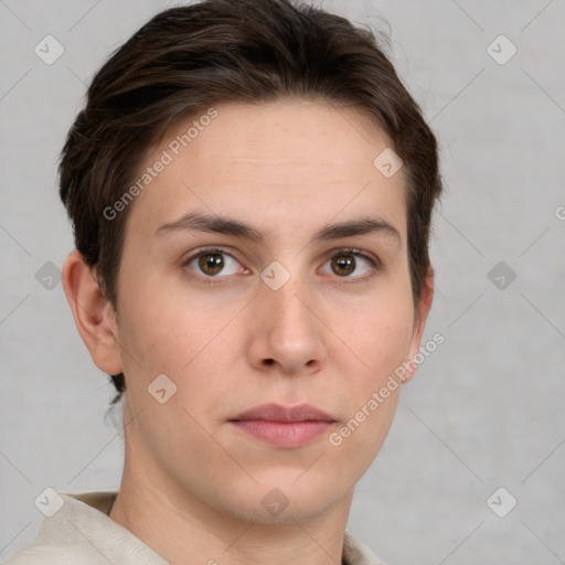 Neutral white young-adult female with short  brown hair and grey eyes