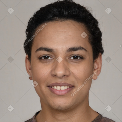 Joyful latino young-adult female with short  black hair and brown eyes