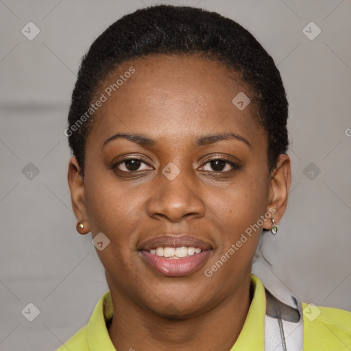 Joyful latino young-adult female with short  brown hair and brown eyes