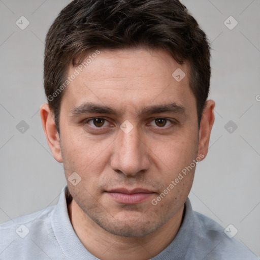 Neutral white young-adult male with short  brown hair and brown eyes