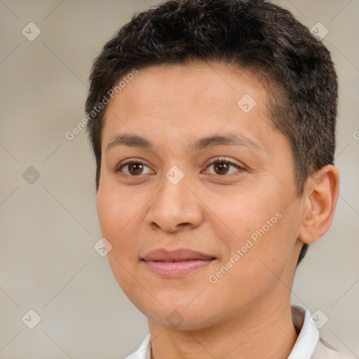 Joyful white adult female with short  brown hair and brown eyes