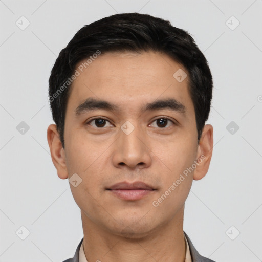 Neutral asian young-adult male with short  black hair and brown eyes