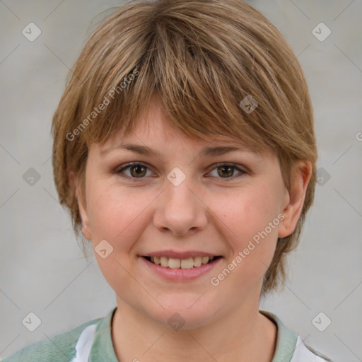 Joyful white young-adult female with medium  brown hair and grey eyes