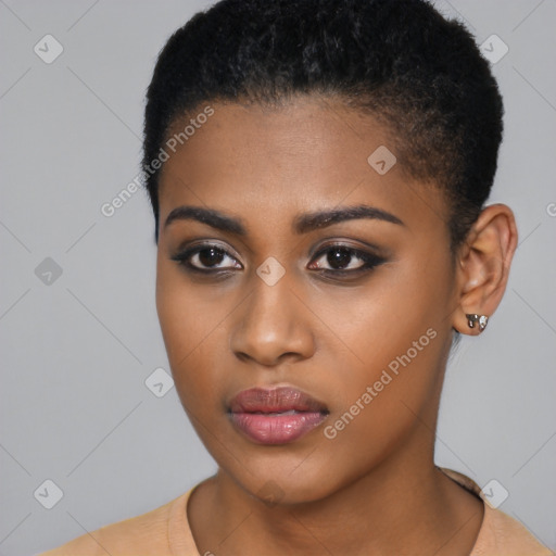 Neutral black young-adult female with short  black hair and brown eyes