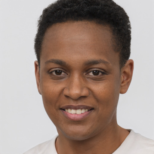 Joyful black young-adult female with short  black hair and brown eyes