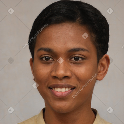 Joyful latino young-adult female with short  black hair and brown eyes