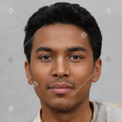 Neutral latino young-adult male with short  black hair and brown eyes