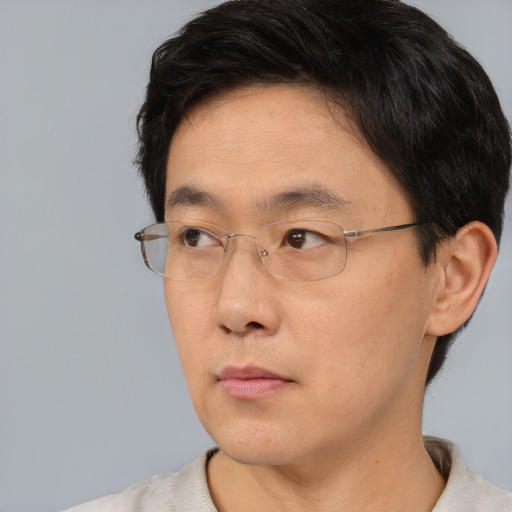 Neutral asian adult male with short  brown hair and brown eyes