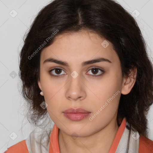 Neutral white young-adult female with medium  brown hair and brown eyes