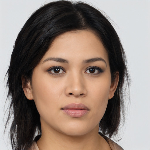 Neutral asian young-adult female with long  brown hair and brown eyes