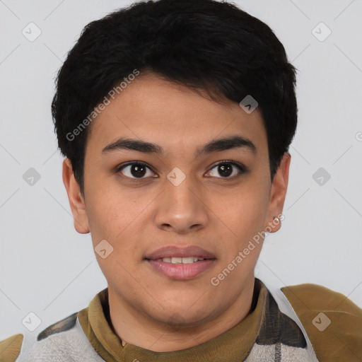 Joyful latino young-adult male with short  black hair and brown eyes