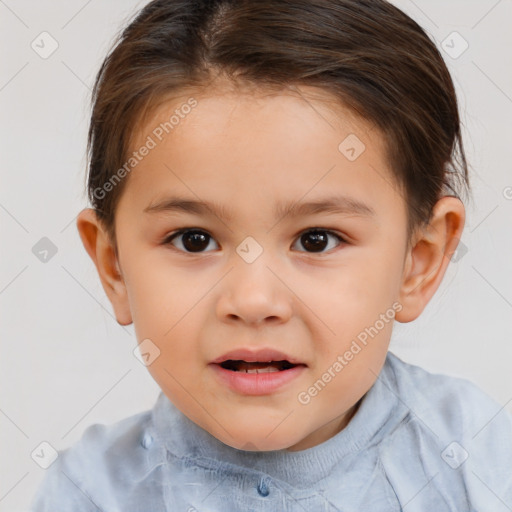 Joyful white child female with short  brown hair and brown eyes