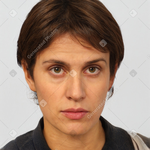 Neutral white young-adult female with short  brown hair and brown eyes