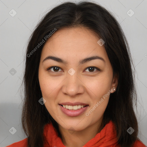 Joyful white young-adult female with long  brown hair and brown eyes