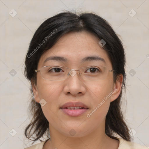 Joyful white adult female with medium  brown hair and brown eyes