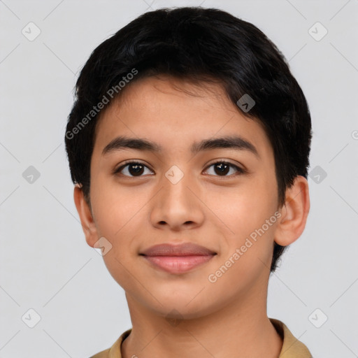 Joyful latino young-adult male with short  brown hair and brown eyes