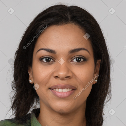 Joyful latino young-adult female with long  brown hair and brown eyes