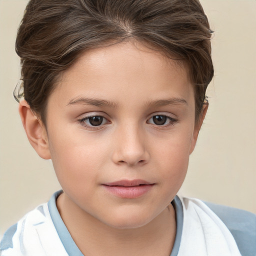 Joyful white child female with short  brown hair and brown eyes