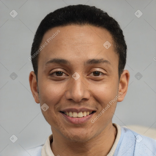 Joyful white adult male with short  black hair and brown eyes