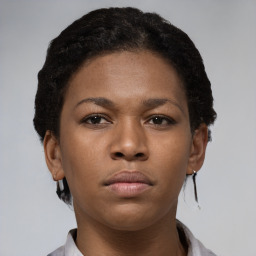 Neutral black young-adult female with short  brown hair and brown eyes