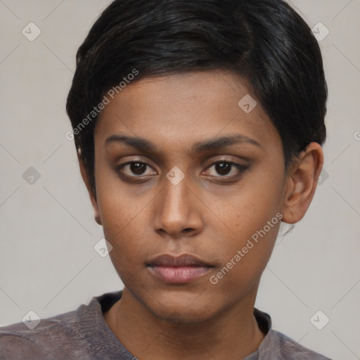 Neutral asian young-adult female with short  brown hair and brown eyes