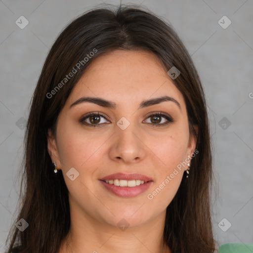 Joyful white young-adult female with long  brown hair and brown eyes