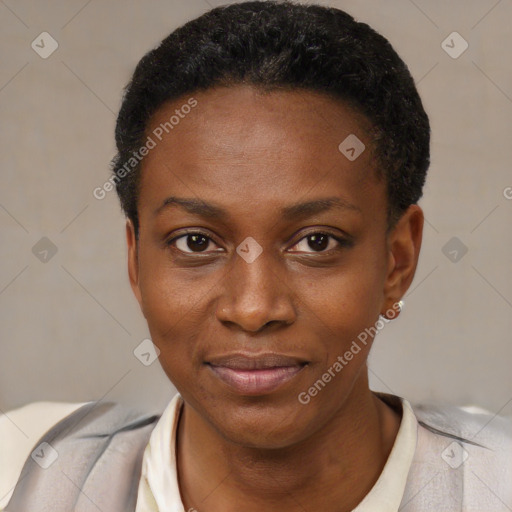 Joyful black young-adult female with short  black hair and brown eyes