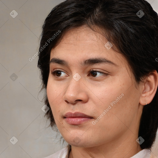 Joyful white young-adult female with medium  brown hair and brown eyes