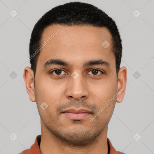 Neutral latino young-adult male with short  black hair and brown eyes