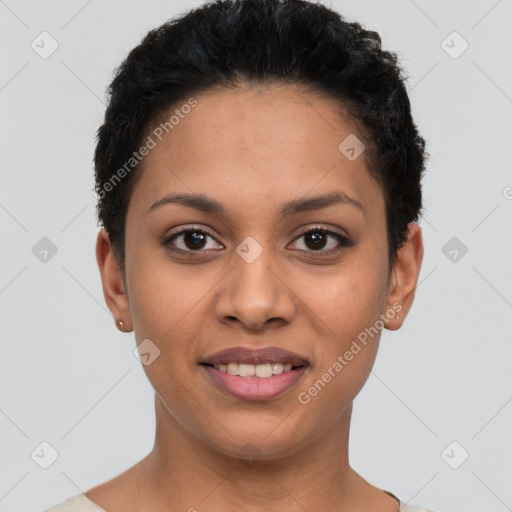 Joyful latino young-adult female with short  black hair and brown eyes