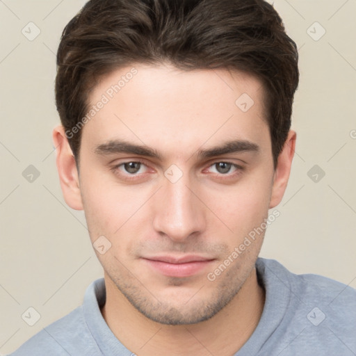 Neutral white young-adult male with short  brown hair and brown eyes