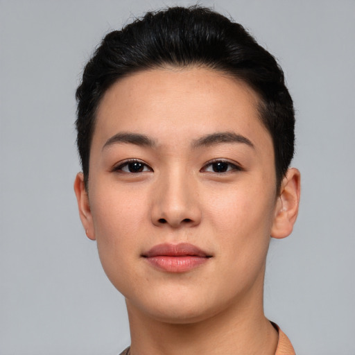 Neutral asian young-adult female with short  black hair and brown eyes