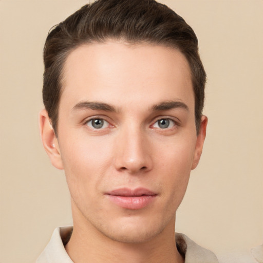 Neutral white young-adult male with short  brown hair and brown eyes