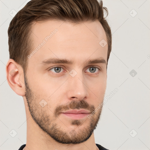 Neutral white young-adult male with short  brown hair and grey eyes