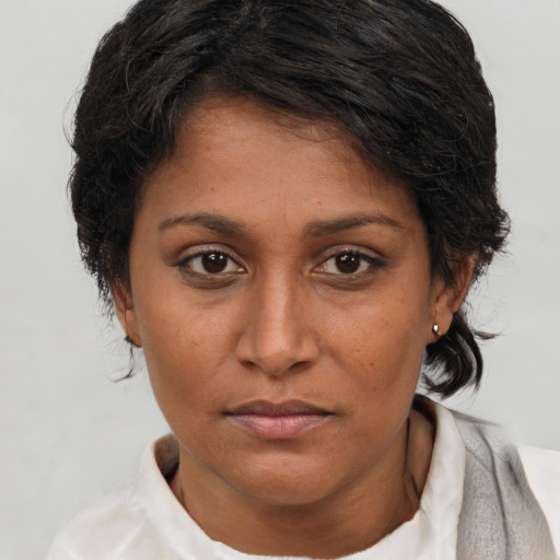 Neutral latino young-adult female with short  brown hair and brown eyes