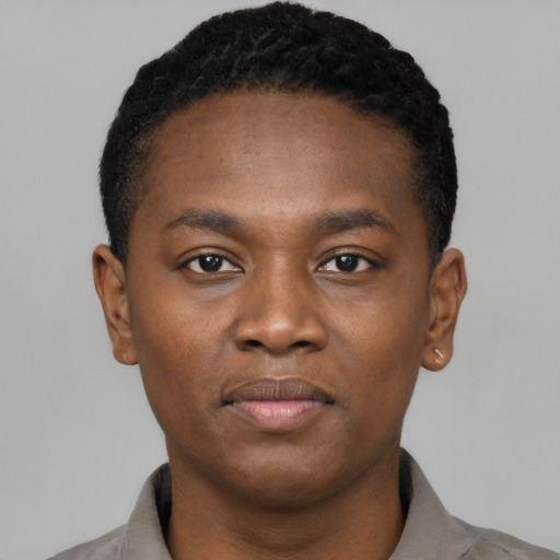 Neutral black young-adult male with short  black hair and brown eyes