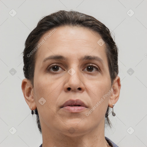 Neutral white adult female with short  brown hair and brown eyes