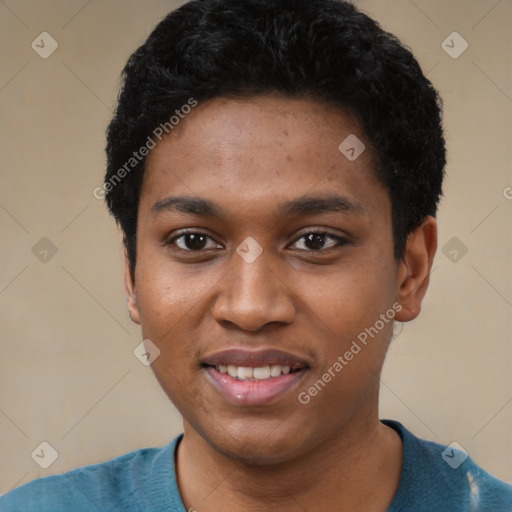 Joyful black young-adult male with short  black hair and brown eyes