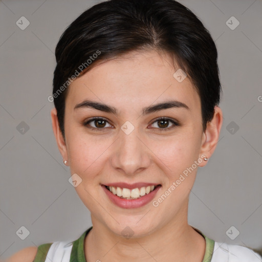 Joyful white young-adult female with short  brown hair and brown eyes