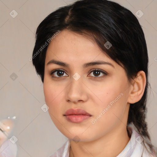 Neutral white young-adult female with medium  brown hair and brown eyes
